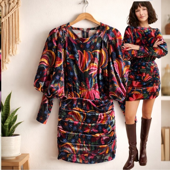 FARM RIO X ANTHROPOLOGIE Banana Sky velvet Boho mini dress size medium